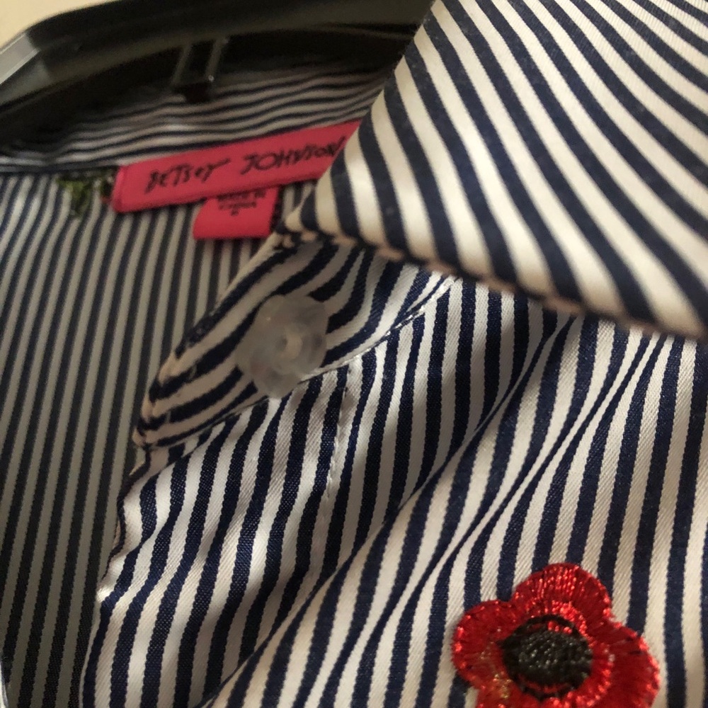 Betsey Johnson Navy Striped Shirt with Red Floral Detail and Flower Buttons - Picture 2 of 6